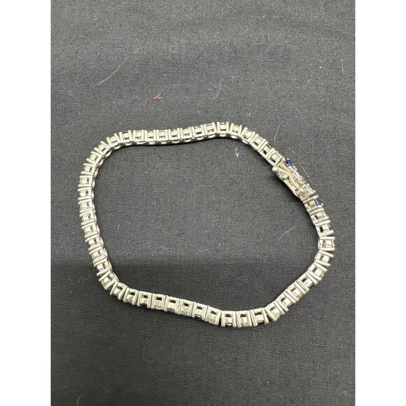 Sterling Silver Blue Sapphire White Stones Tennis Bracelet With Box Clasp - Picture 2 of 6